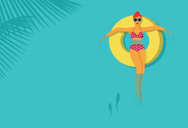 Ilustración de una hermosa mujer relajándose en un anillo de goma en el mar, vector — Vector de stock