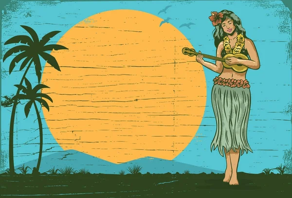 Hola cartel de verano, chica Hula jugando ukelele, vector — Archivo Imágenes Vectoriales