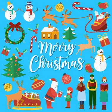 Düz tasarım, illüstrasyon, sevimli Noel simgeler, vektör