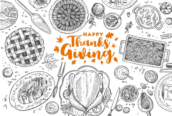 Hand drawn Thanksgiving dinner, Vector Illustration — Stock Vector