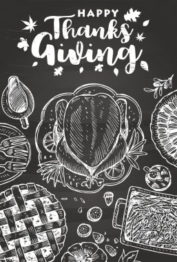 El Şükran günü yemeği bir tahtaya vektör çizim çekilmiş