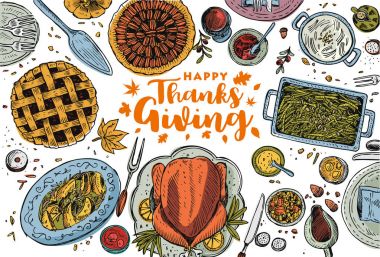 Elle çizilmiş Şükran günü yemeği, vektör çizim