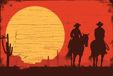 Silhouette of Cowboy Couple riding horses on a wooden sign, vector clipart