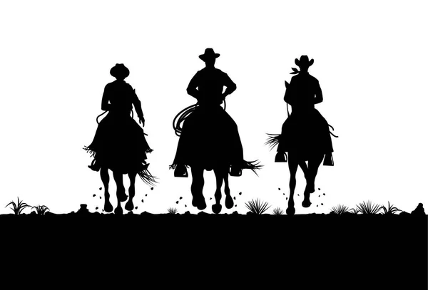 Silueta de tres vaqueros a caballo, Vector — Vector de stock