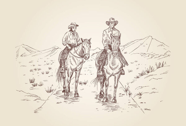 Cowboy Couple riding horses at sunset, vector