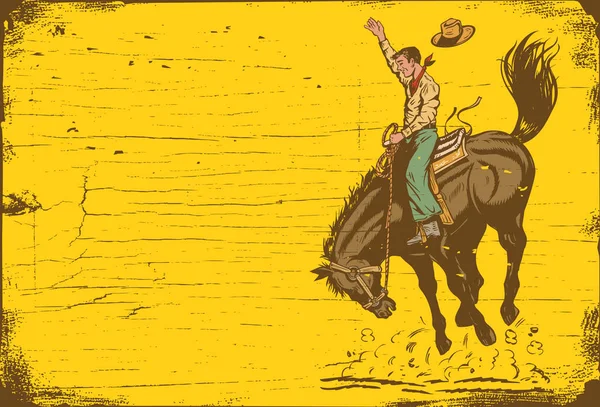 Tekening van een cowboy berijden van een wild paard bij zonsondergang, vector — Stockvector