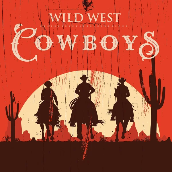 Silhouet van drie cowboys rijden van paarden op een houten plank — Stockvector