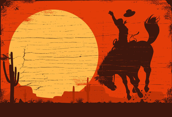 Silhouette of a cowboy riding a wild horse at sunset on a wooden sign, vector