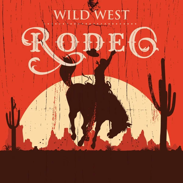 Rodeo cowboy riding wild horse on a wooden sign, vector — Stock Vector