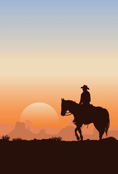 Silhouette Eines Cowboys Der Bei Sonnenuntergang Auf Einem Pferd Reitet — Stockvektor