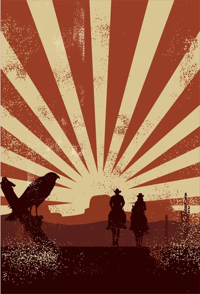 Silhouette Deux Cow Boys Chevauchant Des Chevaux Coucher Soleil — Image vectorielle