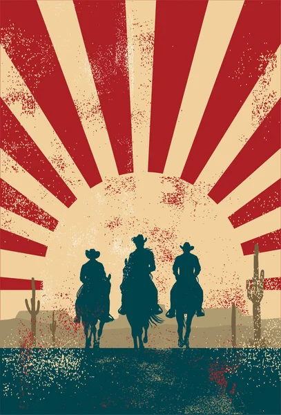 Silhouette Von Drei Cowboys Auf Pferden Bei Sonnenuntergang — Stockvektor