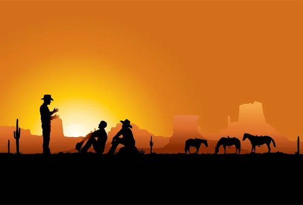 Tres Vaqueros Descansando Desierto Vector Illustration — Archivo Imágenes Vectoriales