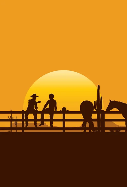 Twee Cowboys Rusten Praten Een Hek Vectorillustratie — Stockvector