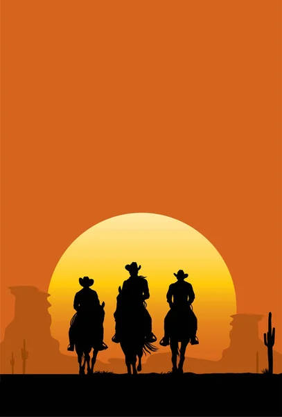 Silueta Tres Vaqueros Montando Caballo Atardecer — Vector de stock