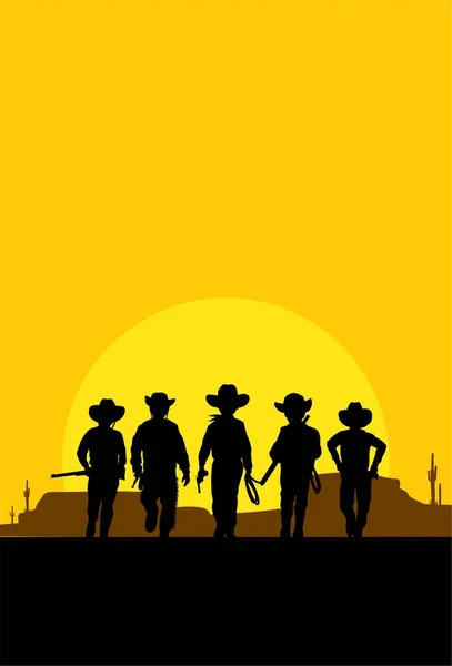 Crianças Cowboys Caminhando Direção Pôr Sol Vector Ilustração — Vetor de Stock