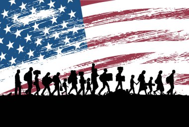 Arka plan olarak Amerika Birleşik Devletleri bayrağı ile yürüme mülteciler insanlar silüeti
