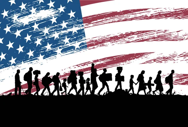 Arka plan olarak Amerika Birleşik Devletleri bayrağı ile yürüme mülteciler insanlar silüeti