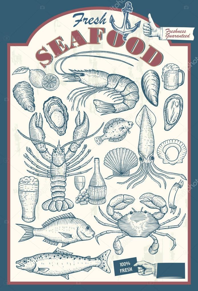 Hand drawn set of seafood, Vector