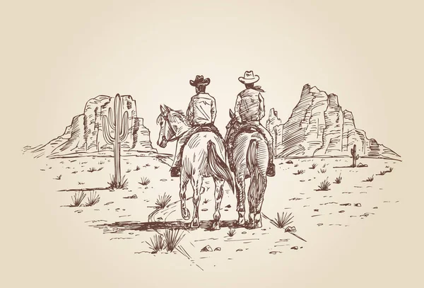 Disegnato Mano Due Cowboy Cavallo Nel Dessert Illustrazione Vettoriale — Vettoriale Stock