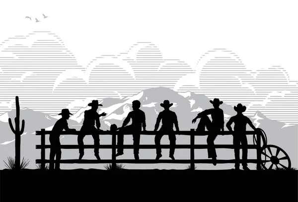 Cowboys Sitzen Auf Zaun — Stockvektor