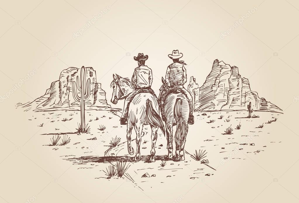 Hand drawn of two cowboys riding horses in dessert. Vector Illustration