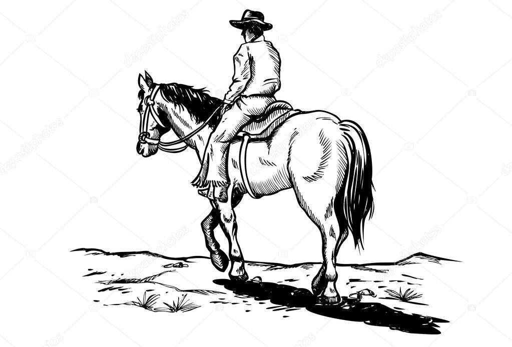 Hand drawn of cowboy riding horse on a wooden sign, vector