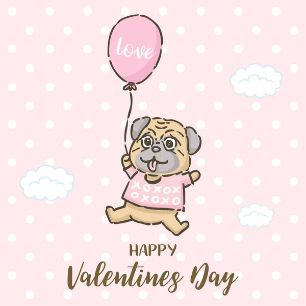 Tarjeta Del Día San Valentín Lindo Pug Dibujos Animados Volando — Vector de stock