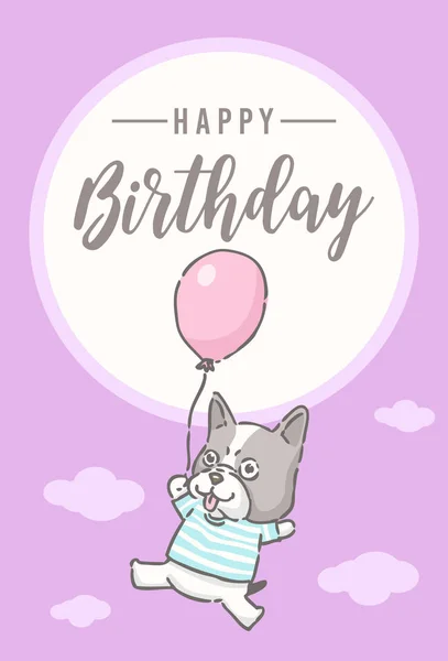 Birthday Card Cute Cartoon French Bulldog Flying Balloon Vector Illustration — Stock Vector
