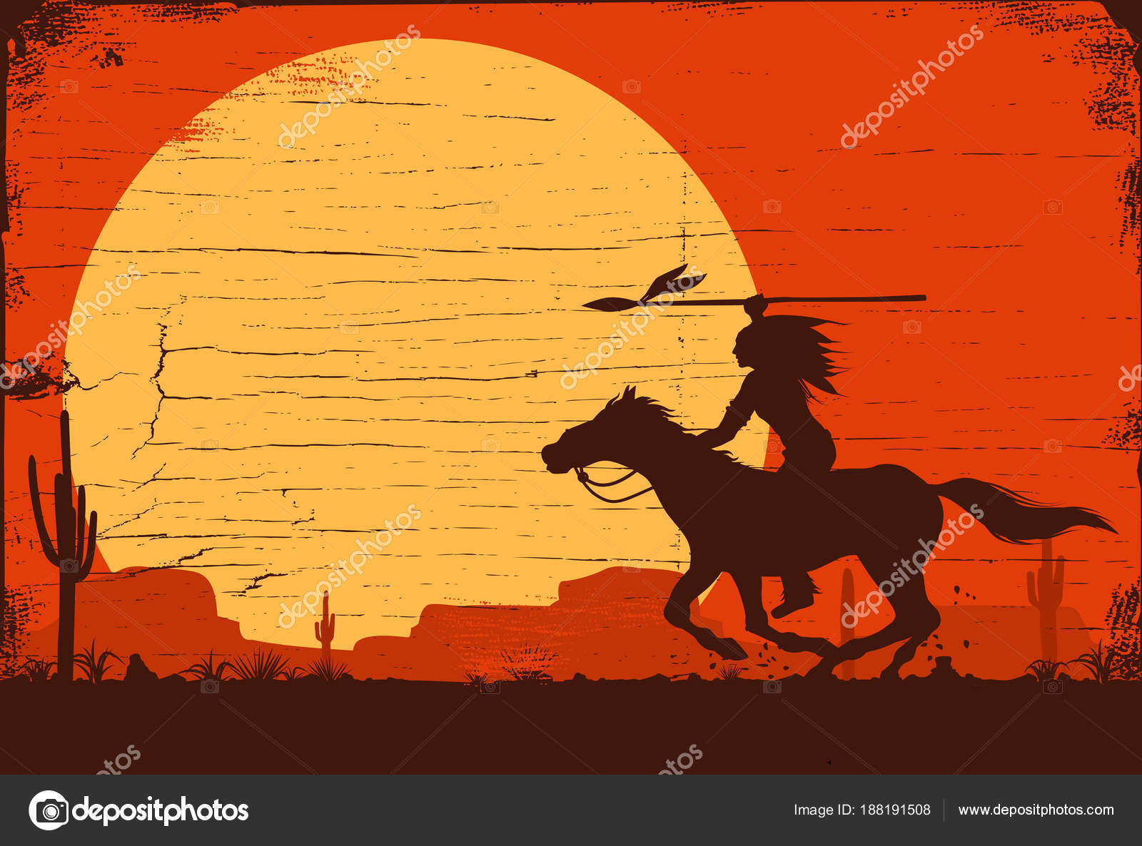 Silhouette Native American Indian Riding Horseback Spear Vector Stock