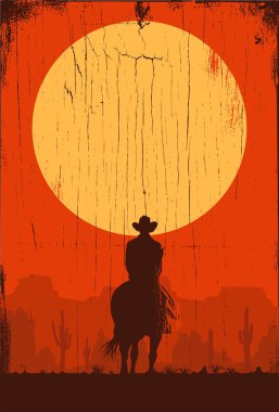 Silhouette of lonesome cowboy riding horse at sunset, Vector Illustration clipart