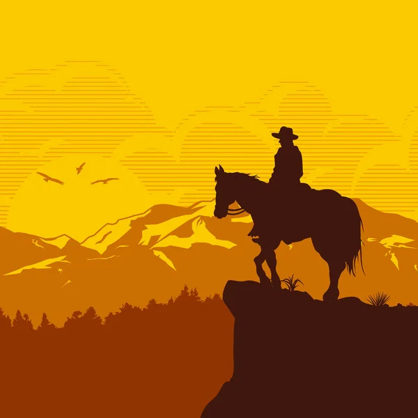 Silhueta Cowboy Solitário Equitação Cavalo Pôr Sol Vector Ilustração — Vetor de Stock