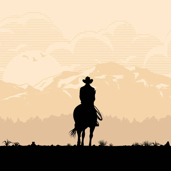 Silhouette Lonesome Cowboy Riding Horse Sunset Vector Illustration — Stock Vector