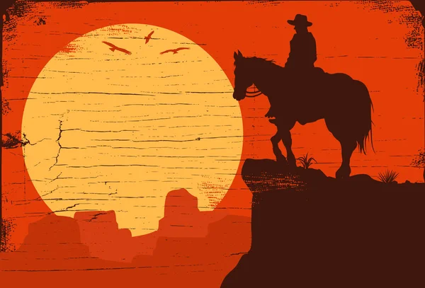 Silhouette Eines Einsamen Cowboys Der Bei Sonnenuntergang Pferd Reitet Vektor — Stockvektor