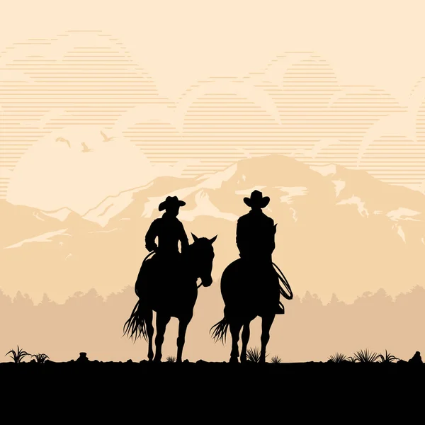 Sylwetka Cowboy Pary Jazda Konna Konie Wektor Zachód Słońca — Wektor stockowy