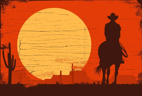 Silhouette Eines Einsamen Cowboys Der Bei Sonnenuntergang Pferd Reitet Vektor — Stockvektor