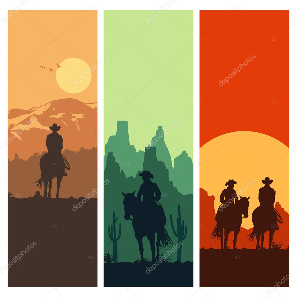 Silhouette of Cowboy couple riding horses at sunset, vector