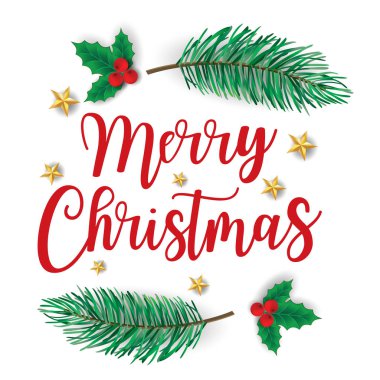 Çam yapraklı, yıldızlı, zencefilli, hediyeli, mücevherli ve noel kirazlı Noel kartı şablonu, vektör