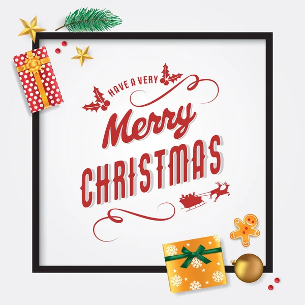 Merry Christmas Card Template Pine Leaves Star Gingerbread Man Presents — 스톡 벡터