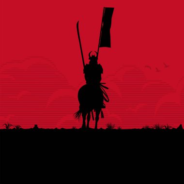 Silhouette of samurai riding horse in the field, Vector clipart