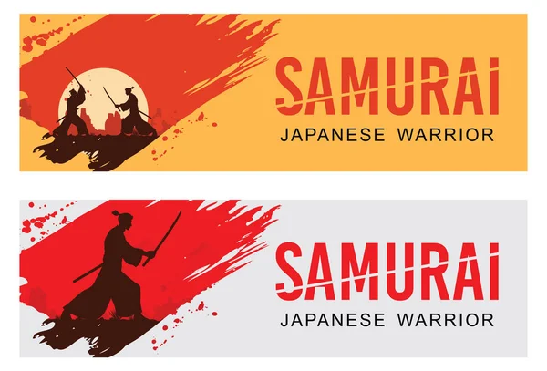 Silhouet Van Twee Japanse Samurai Zwaard Vechten Vector Illustratie — Stockvector