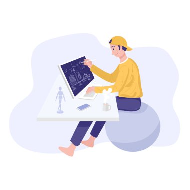 Ev konsepti, dokunmatik ekran bilgisayarı üzerinde çalışan grafik tasarımcısı. Vektör