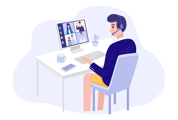 Video Conferencing Home Man Having Video Call Meeting Clients Home — Stock Vector