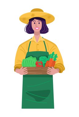 Düz dizayn, beyaz arka planda izole edilmiş taze sebzelerle dolu bir sandığı tutan genç bir kadın.