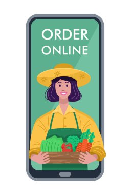 Düz tasarım, market online alışveriş. Beyaz arka planda taze sebzelerle dolu bir sandık tutan genç bir kadın.