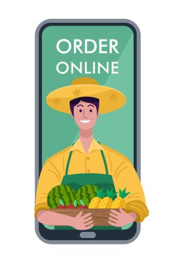 Düz tasarım, market online alışveriş. Beyaz arka planda taze sebzelerle dolu bir sandık tutan genç bir kadın.