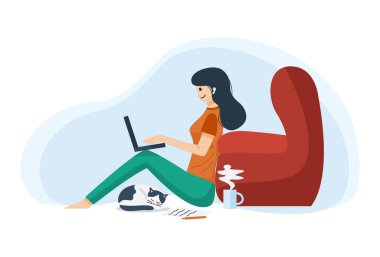 Ev konseptiyle çalışmak, Emekçi oturma odasını kullanan bir kadın, Vektör.