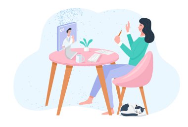 Ev kavramına göre, bir kadın evde patronuyla görüntülü konuşma kullanıyor. Vektör