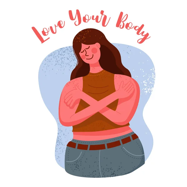 Love Your Body Concept Vrouw Knuffelend Vector Illustratie — Stockvector