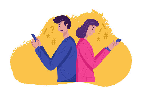 Angry Man and woman texting on smartphone. Smartphone addiction concept.